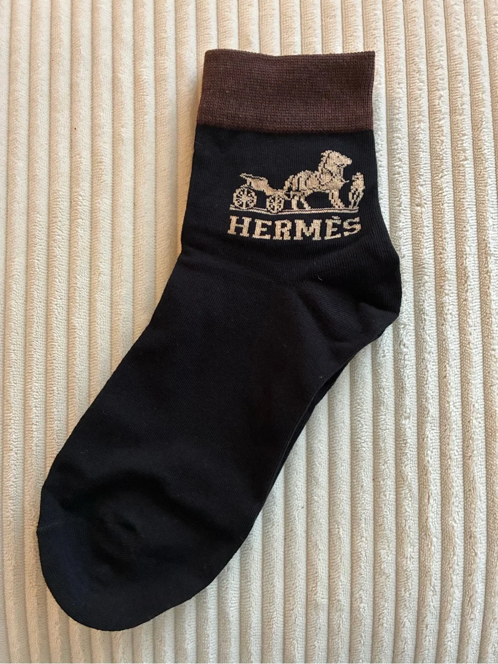 Hermes Black Crew Socks with Brown Cuff and Gold Logo